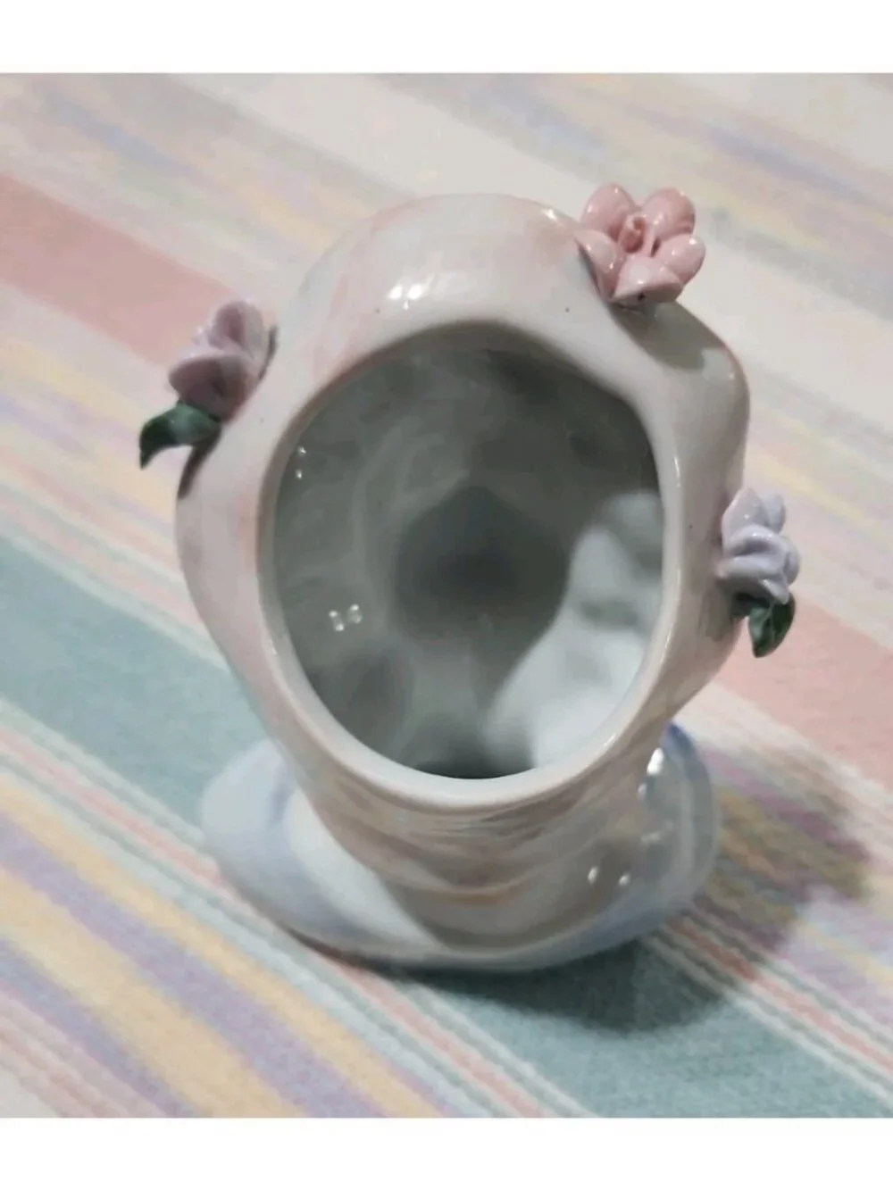 Vintage Porcelain Lady Head Vase Pink Hat Blue Dress Flowers 5” Tall